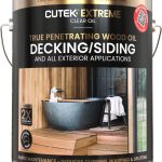 Can of Cutek Extreme Clear Oil for decking and siding; label reads 'Decking/Siding' with an outdoor wooden deck scene on the label