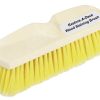 Yellow plastic-handled wood staining brush with dense yellow bristles; label reads 'Restore-A-Deck Wood Staining Brush' on top edge.